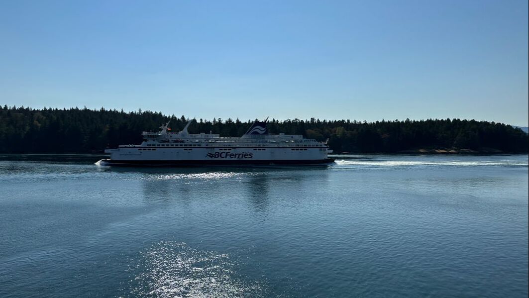 A ferry boat on water with trees in background.  Writing on ferry says BC Ferries.