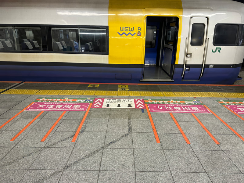 Train platform with view toward waiting train.  Lines on platform surface indicate where passengers stand to board.