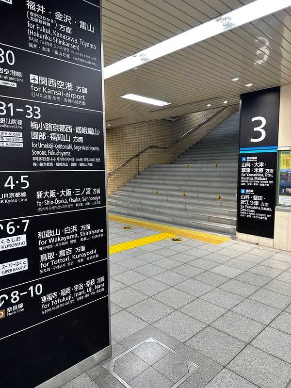 View across corridors toward wide stairway.  Sign indicating platforms and destinations in front view.